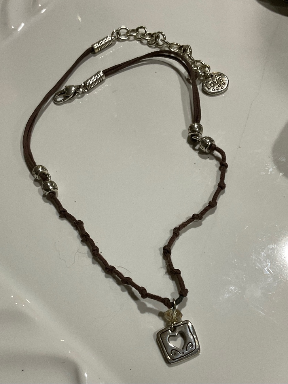 Brighton Brown Cord Necklace with Silver Heart Square Pendant